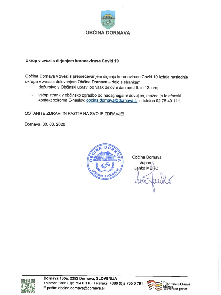 Ukrep v zvezi s širjenjem koronavirusa Covid 19